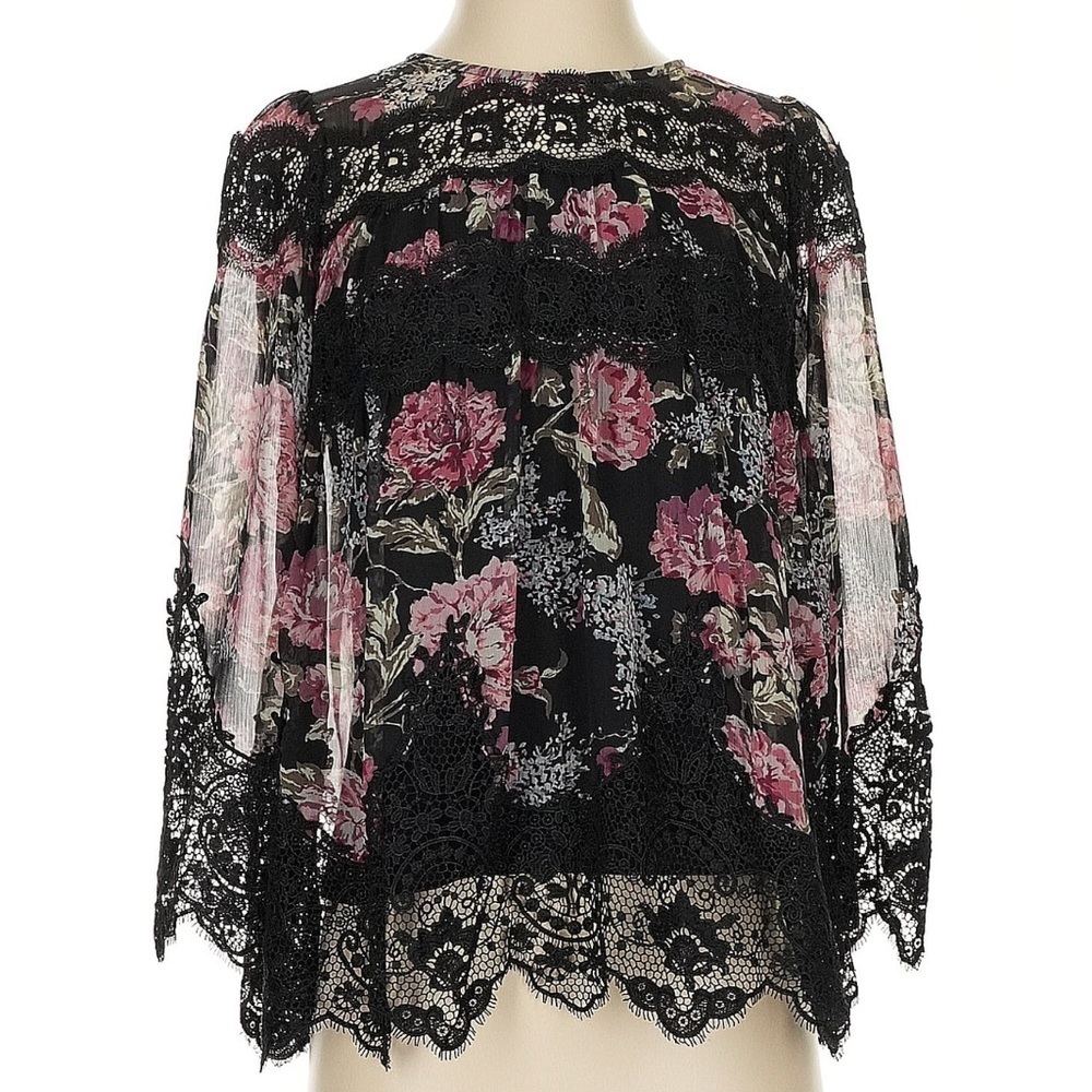 The Kooples Black and Pink Floral Lace Blouse - Size XS - NWOT